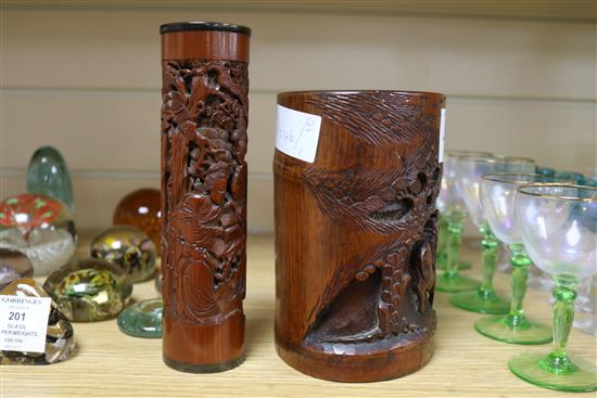 Two Chinese bamboo brush pots tallest 19.5cm